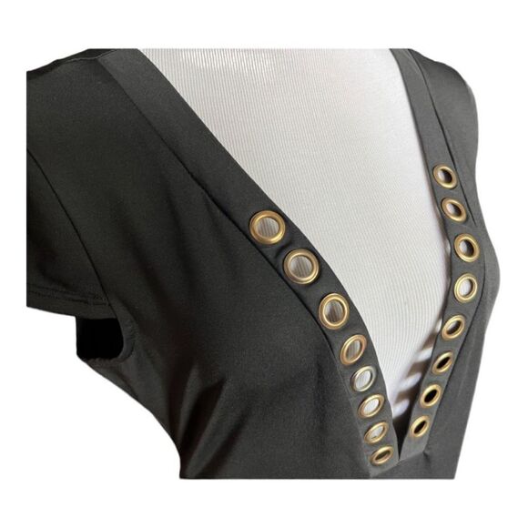 Womens Texas Girl Boutique Black with Gold Grommet Deep Plunge Bodysuit- Sz XL - Picture 2 of 2